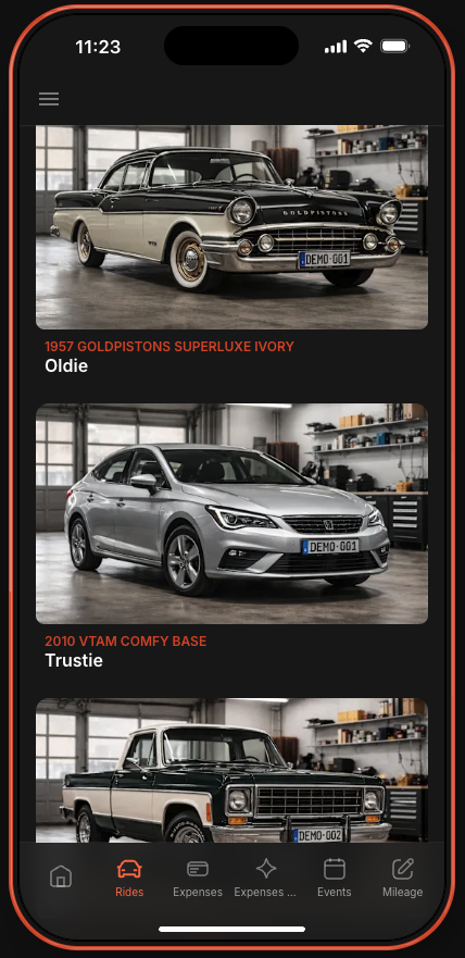 Rides overview showing multiple vehicles