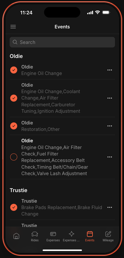 Events list showing maintenance items