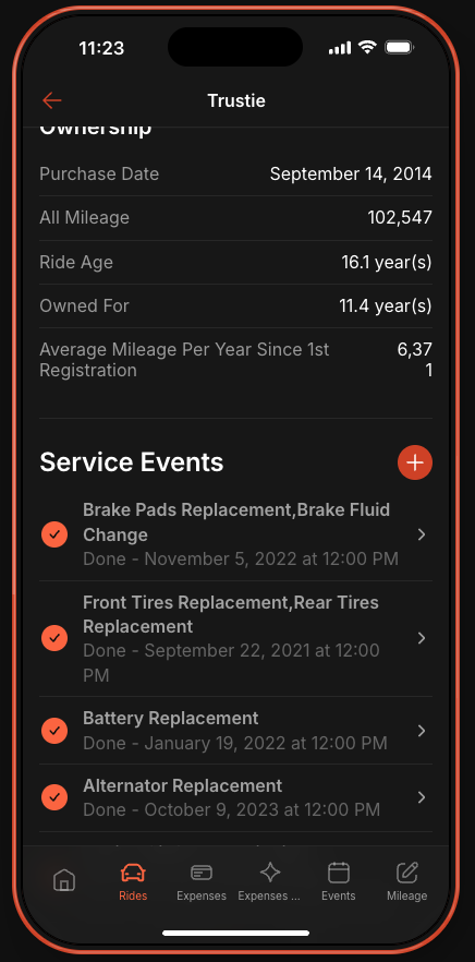 Service events timeline for a vehicle