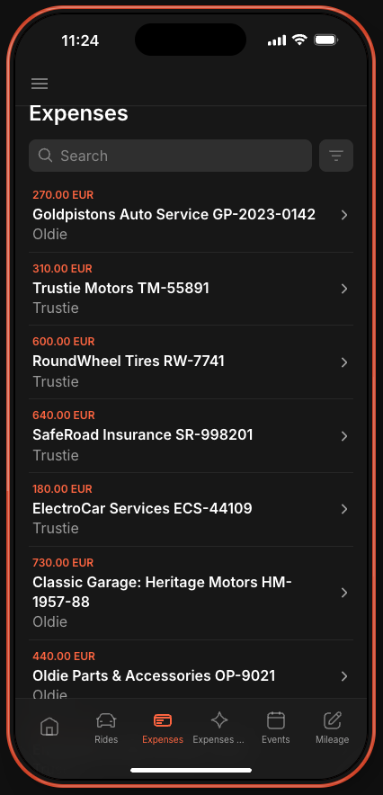 Expenses list with invoice amounts per vehicle