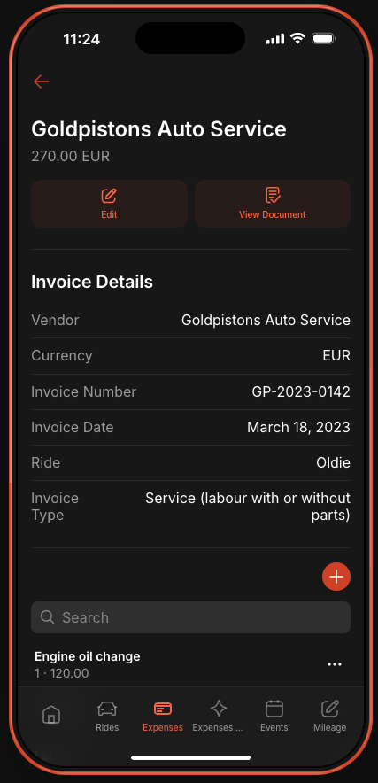 Invoice detail view with vendor, date, vehicle and line items