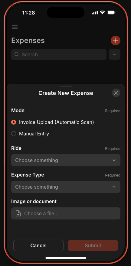 Create new expense screen with invoice upload and fields